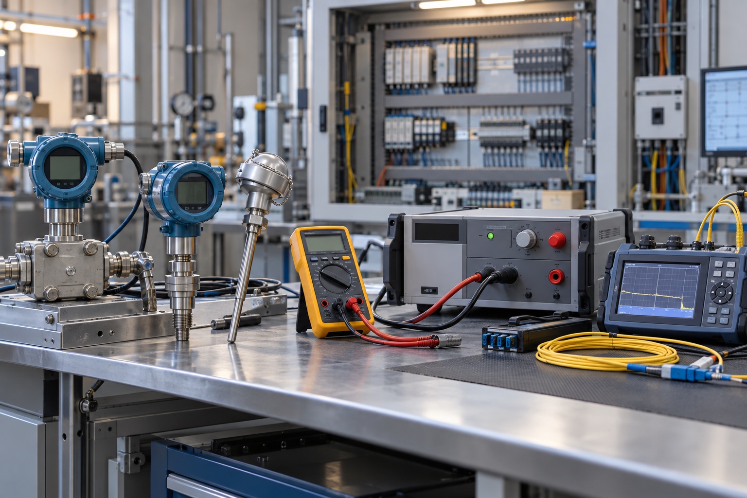 Industrial instrumentation and electrical test equipment on a calibration bench