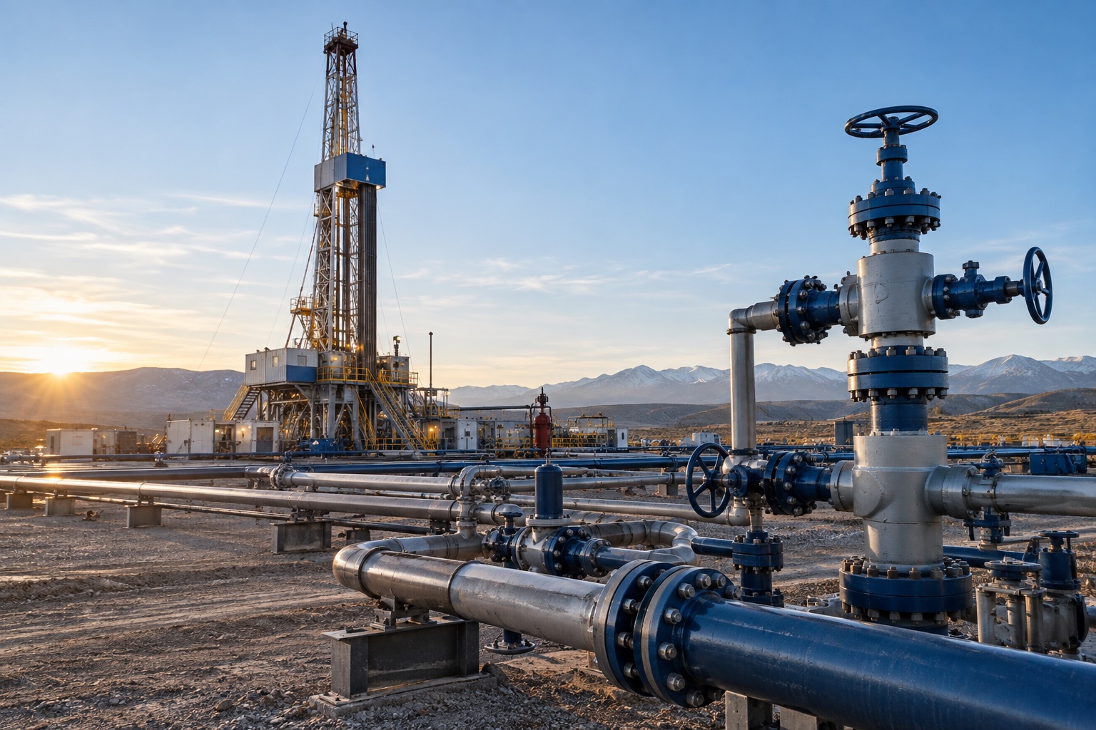 Onshore drilling rig, wellhead equipment and pipeline systems