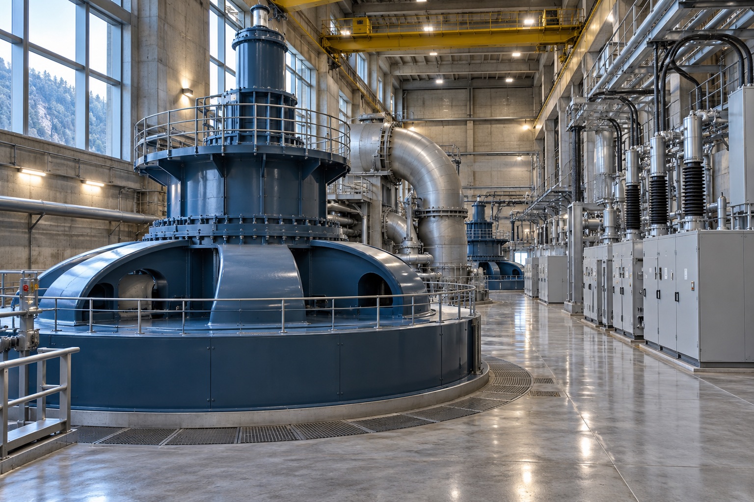 Hydroelectric turbine hall, generator and utility switchgear