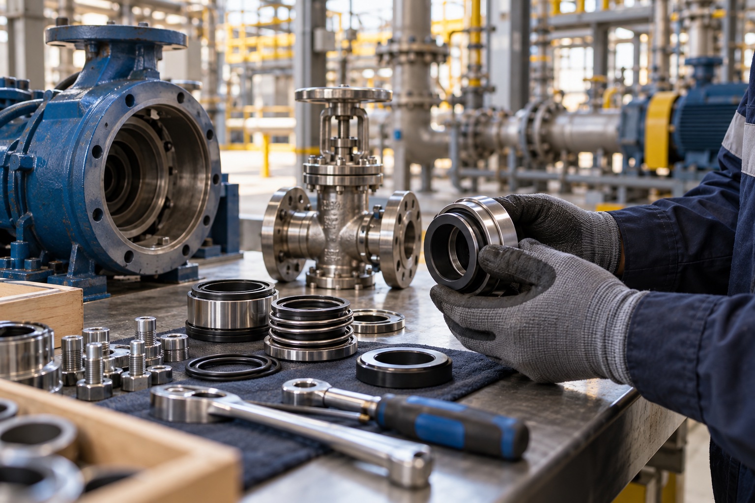 Technician inspecting industrial pump components and replacement spares