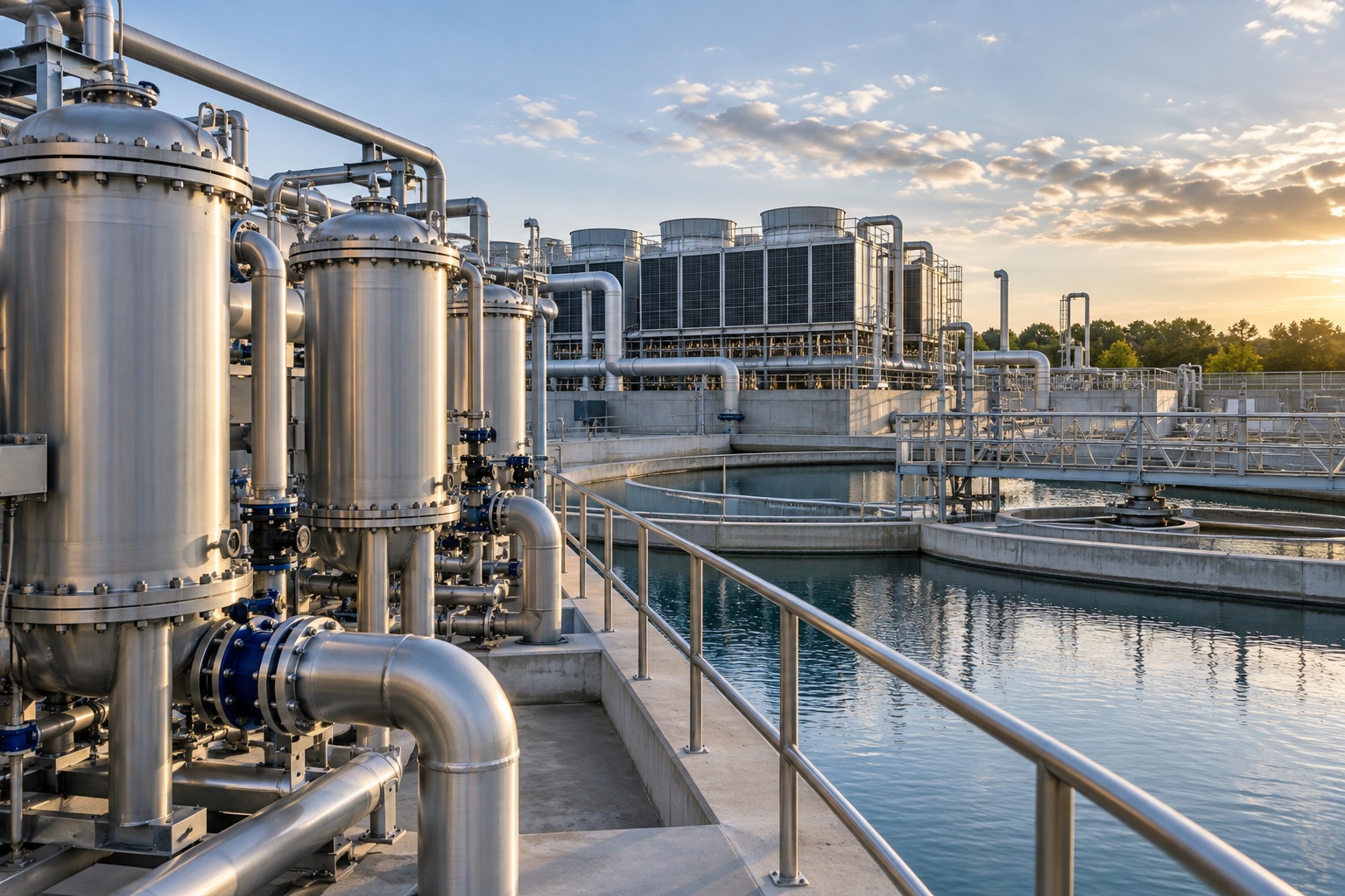 Water treatment facility with filtration vessels, pipework and clarifier
