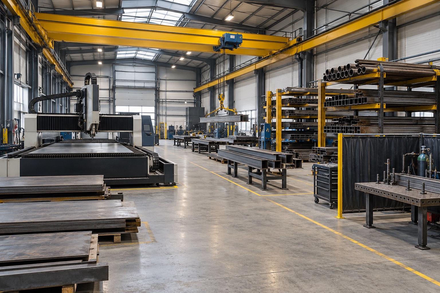 Industrial workshop with CNC equipment, overhead crane and fabrication area
