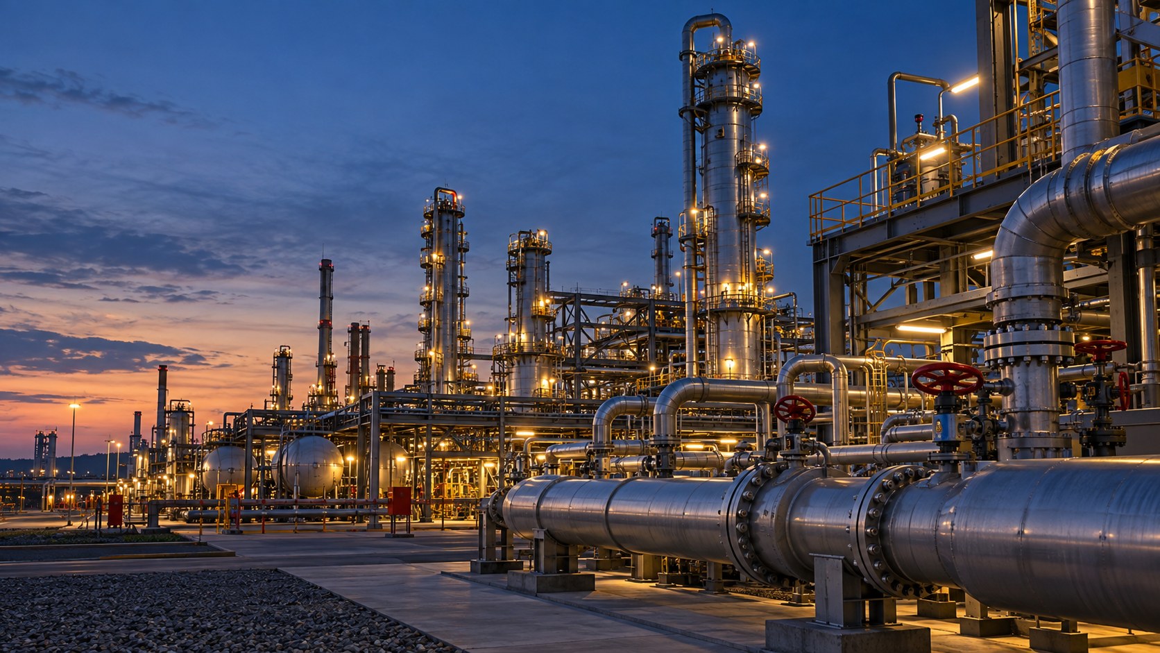 Refinery and process facility illuminated at dusk
